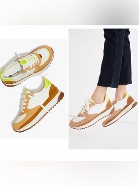 Madewell Tan and white leather sneakers Neon green laces!